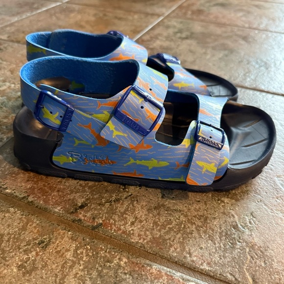 Birkis Blue Sandals with Orange and Yellow Accents size 40 - Picture 3 of 8